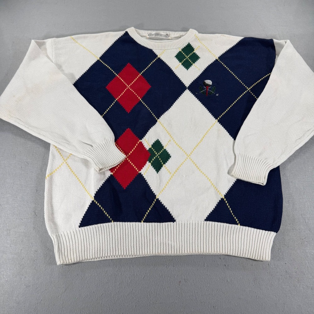 Vintage Argyle Golf Sweater XL Cotton Knit Navy Red White Mens Crewneck